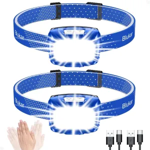 LED Headlamp,2000L Super Bright Rechargeable Headlight Flashlight with White&Red Light 2 Pack - Motion Sensor,Dimmable Brightness,8 Modes,Spotlight&Floodlight,IPX5 Waterproof for Hiking-Blue