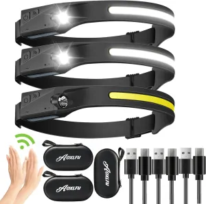 LED Headlamps Rechargeable,3PCS 230°Wide Beam Headlight, Motion Sensor Waterproof 5 Light Modes with Red Light Bright Flashlight Headlamp for Running Camping Cycling
