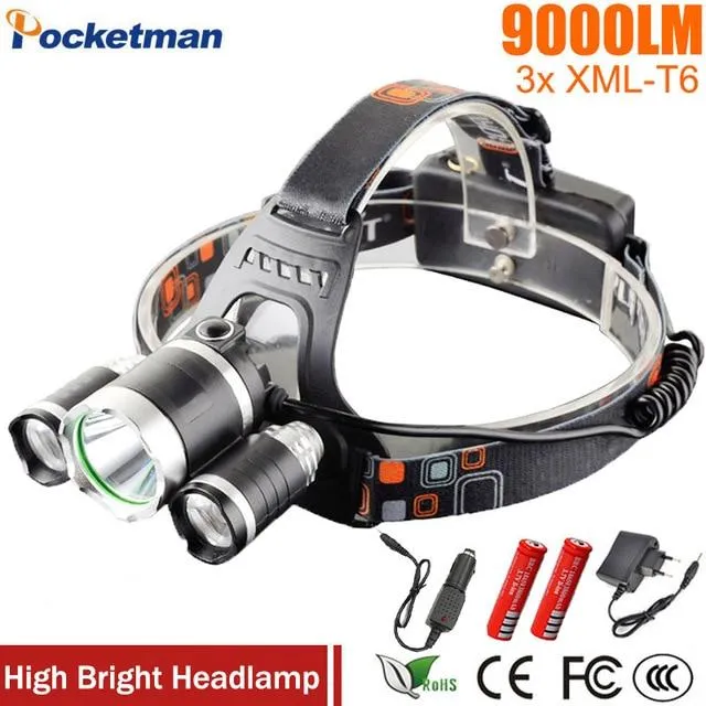 LED Headlight 9000 Lumens Headlamp Xml T6 Headlights Lantern 4 Mode Waterproof Front Torch Head 18650 Rechargeable Battery