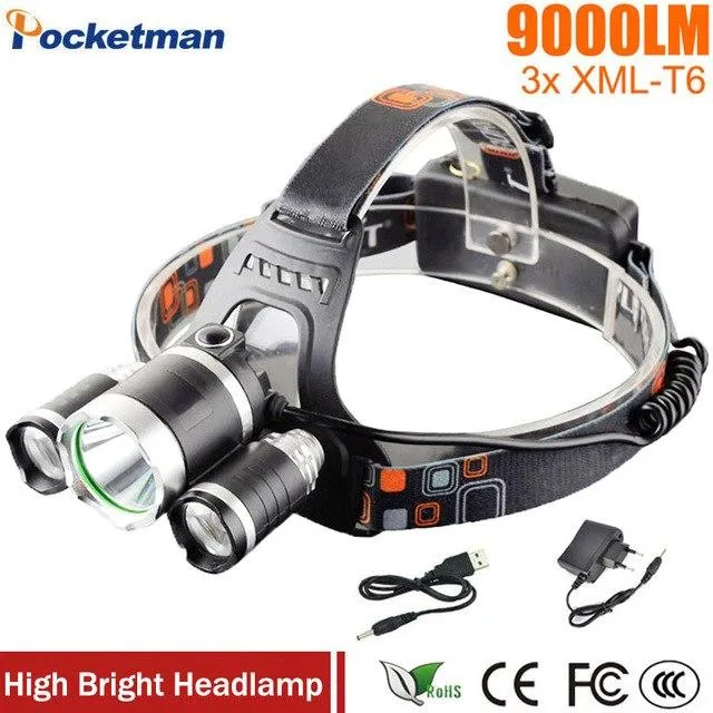 LED Headlight 9000 Lumens Headlamp Xml T6 Headlights Lantern 4 Mode Waterproof Front Torch Head 18650 Rechargeable Battery