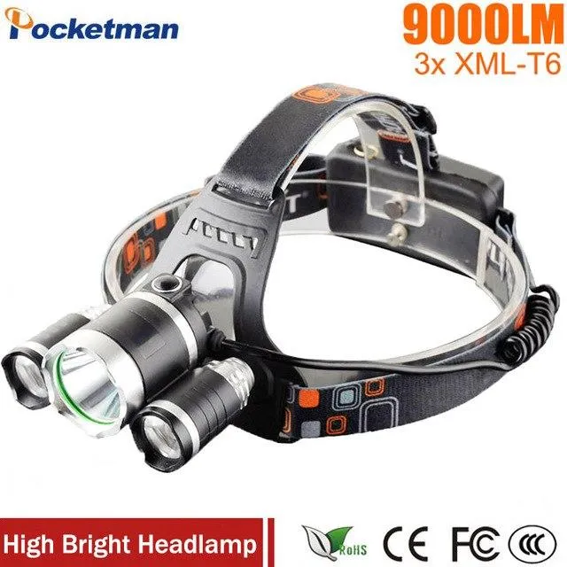LED Headlight 9000 Lumens Headlamp Xml T6 Headlights Lantern 4 Mode Waterproof Front Torch Head 18650 Rechargeable Battery