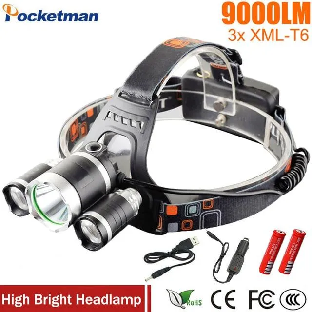 LED Headlight 9000 Lumens Headlamp Xml T6 Headlights Lantern 4 Mode Waterproof Front Torch Head 18650 Rechargeable Battery