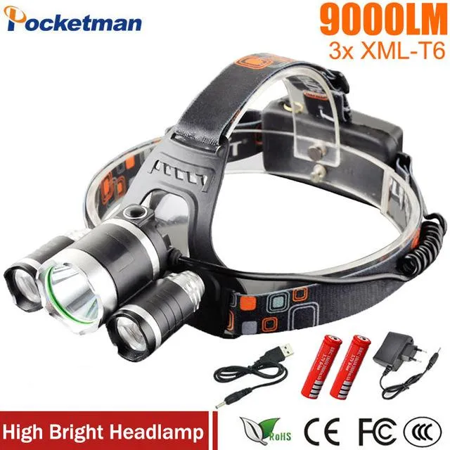 LED Headlight 9000 Lumens Headlamp Xml T6 Headlights Lantern 4 Mode Waterproof Front Torch Head 18650 Rechargeable Battery