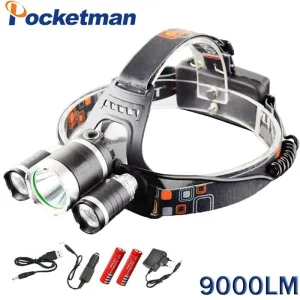 LED Headlight 9000 Lumens Headlamp Xml T6 Headlights Lantern 4 Mode Waterproof Front Torch Head 18650 Rechargeable Battery