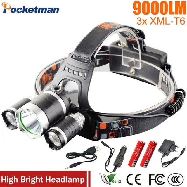 LED Headlight 9000 Lumens Headlamp Xml T6 Headlights Lantern 4 Mode Waterproof Front Torch Head 18650 Rechargeable Battery