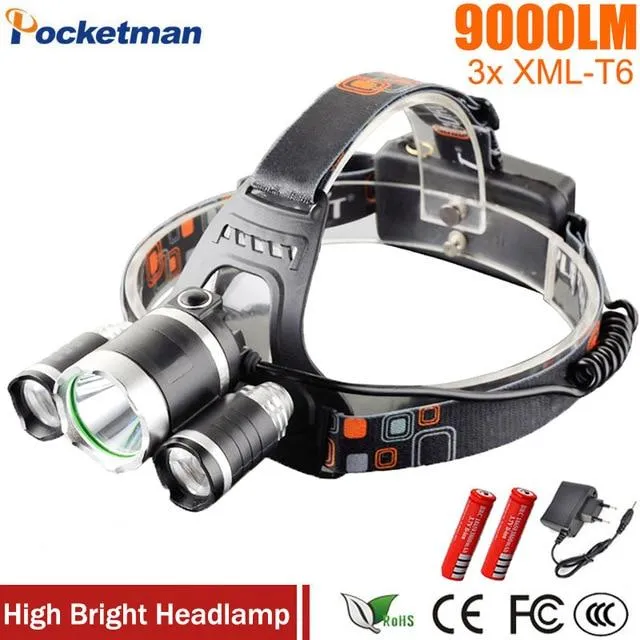 LED Headlight 9000 Lumens Headlamp Xml T6 Headlights Lantern 4 Mode Waterproof Front Torch Head 18650 Rechargeable Battery