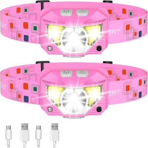 LHKNL Headlamp Flashlight, High Lumen Bright LED Rechargeable Headlight with White Red Light, 2-Pack Waterproof Motion Sensor Head Lamp, 8 Mode for Camping Running Hiking Fishing Gear- Pink