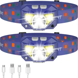LHKNL Headlamp Flashlight, Lumen Ultra-Bright LED Rechargeable Headlight with White Red Light,2-Pack Waterproof Motion Sensor Head Lamp,8 Modes for Outdoor Camping Running Fishing- Blue