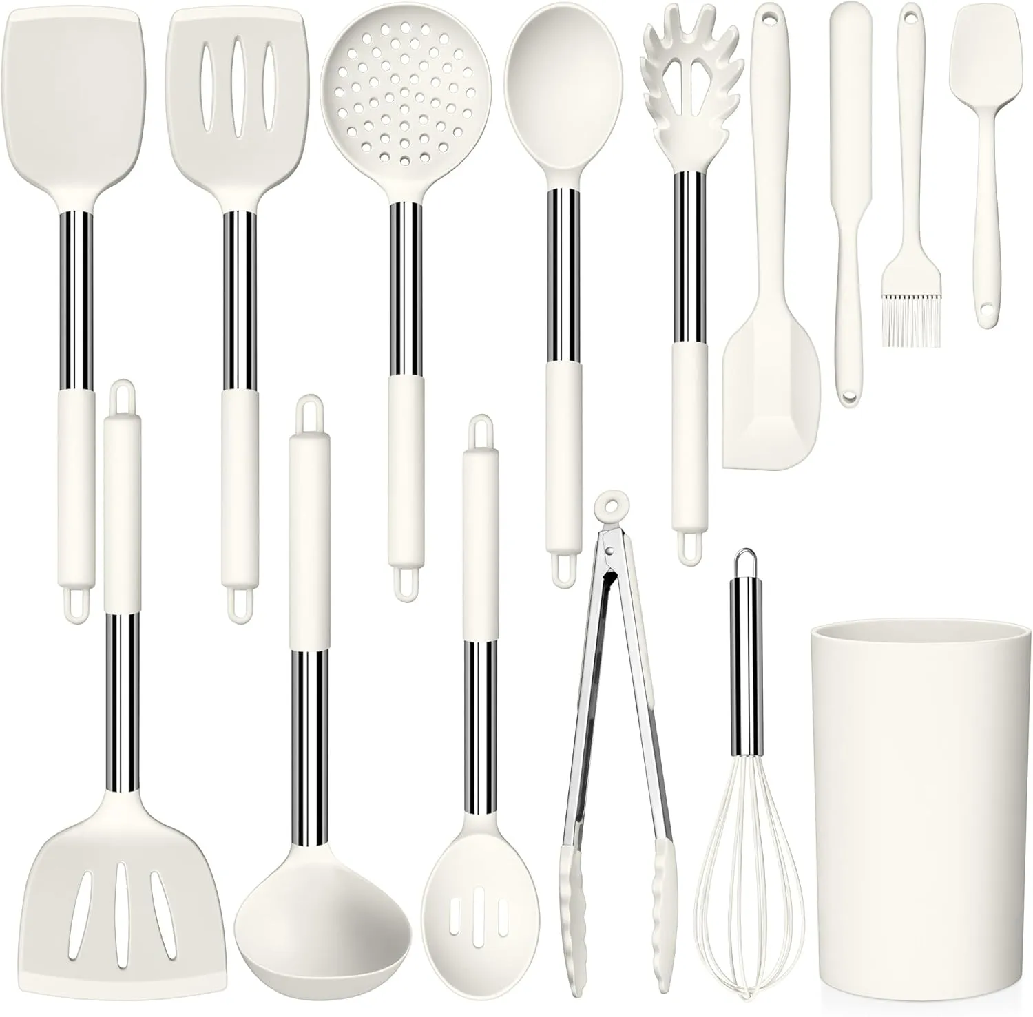LIANYU 15 Pcs Cooking Kitchen Utensils Set with Holder, Silicone Kitchen Gadgets with Stainless Steel Handle, Heat Resistant Spatula Tools, Brush Spoon Tong Whisk Ladle Turner for Cookware, White