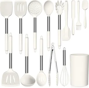 LIANYU 15 Pcs Cooking Kitchen Utensils Set with Holder, Silicone Kitchen Gadgets with Stainless Steel Handle, Heat Resistant Spatula Tools, Brush Spoon Tong Whisk Ladle Turner for Cookware, White