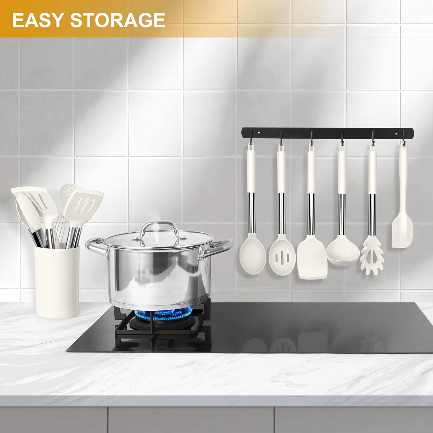 LIANYU 15 Pcs Cooking Kitchen Utensils Set with Holder, Silicone Kitchen Gadgets with Stainless Steel Handle, Heat Resistant Spatula Tools, Brush Spoon Tong Whisk Ladle Turner for Cookware, White