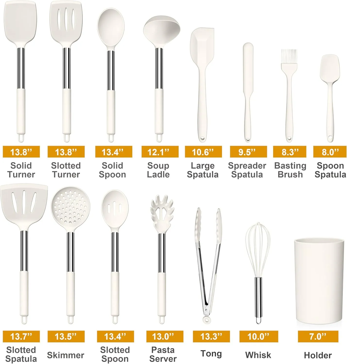 LIANYU 15 Pcs Cooking Kitchen Utensils Set with Holder, Silicone Kitchen Gadgets with Stainless Steel Handle, Heat Resistant Spatula Tools, Brush Spoon Tong Whisk Ladle Turner for Cookware, White