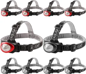 Lichamp Headlamp, 10 Pack 12 LED 3 Mode Portable Head Lamp Flashlight, Outdoor Lightweight Durable Headlight for Running, Camping, Reading, Fishing, Hunting, Walking, Jogging, Black   Red Color