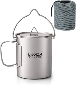 Lixada Titanium Water Mug Cup with Lid and Foldable Handle Ultralight 750ml Titanium Pot Portable Outdoor Camping Cooking Picnic
