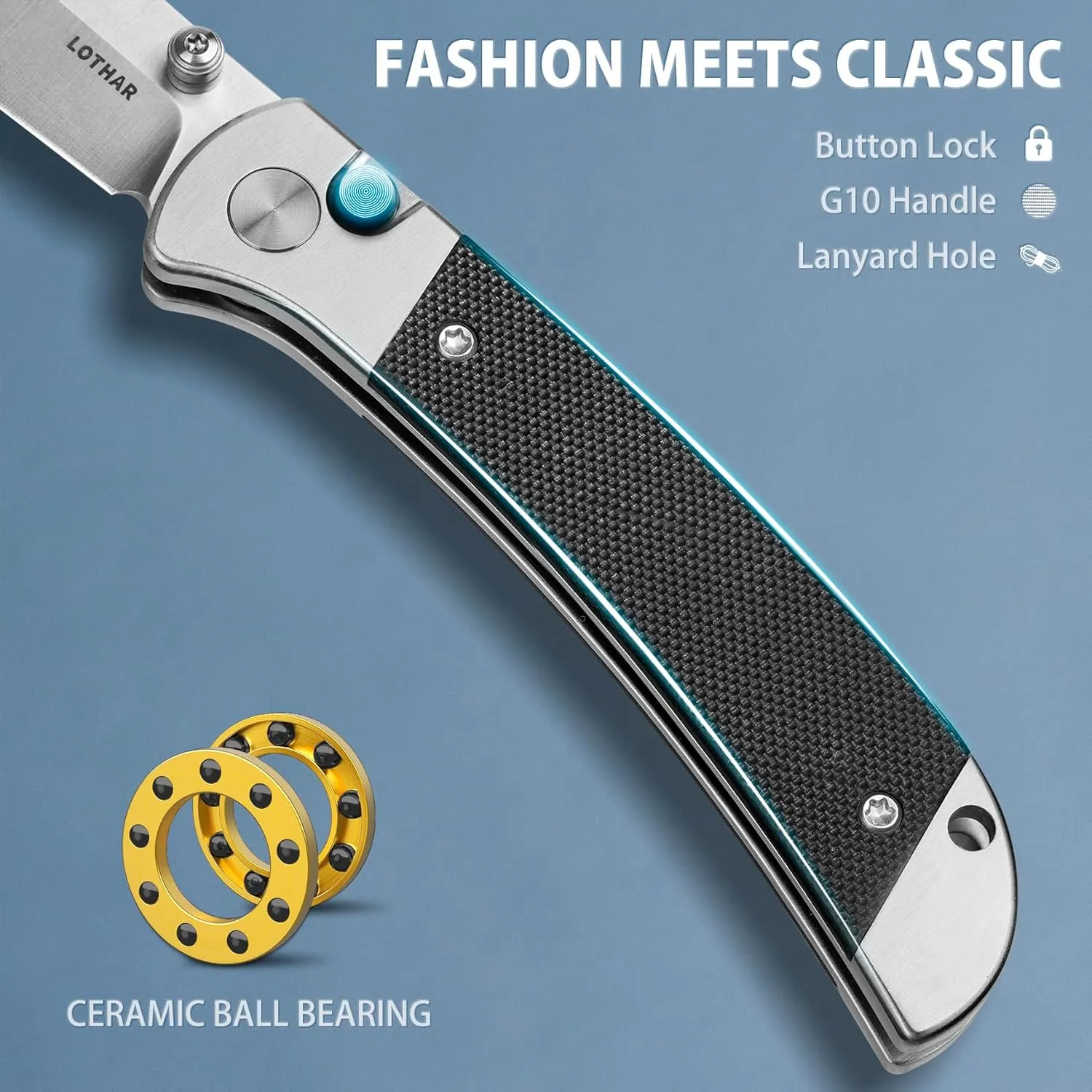 LOTHAR Falcon EDC Pocket Foding Knife, 2.98" 14C28N Blade, Button Lock, Pocket Clip, G10 Handle, Compact & Durable EDC Knife for Camping Hunting, Gift for Men Women(Sliver)