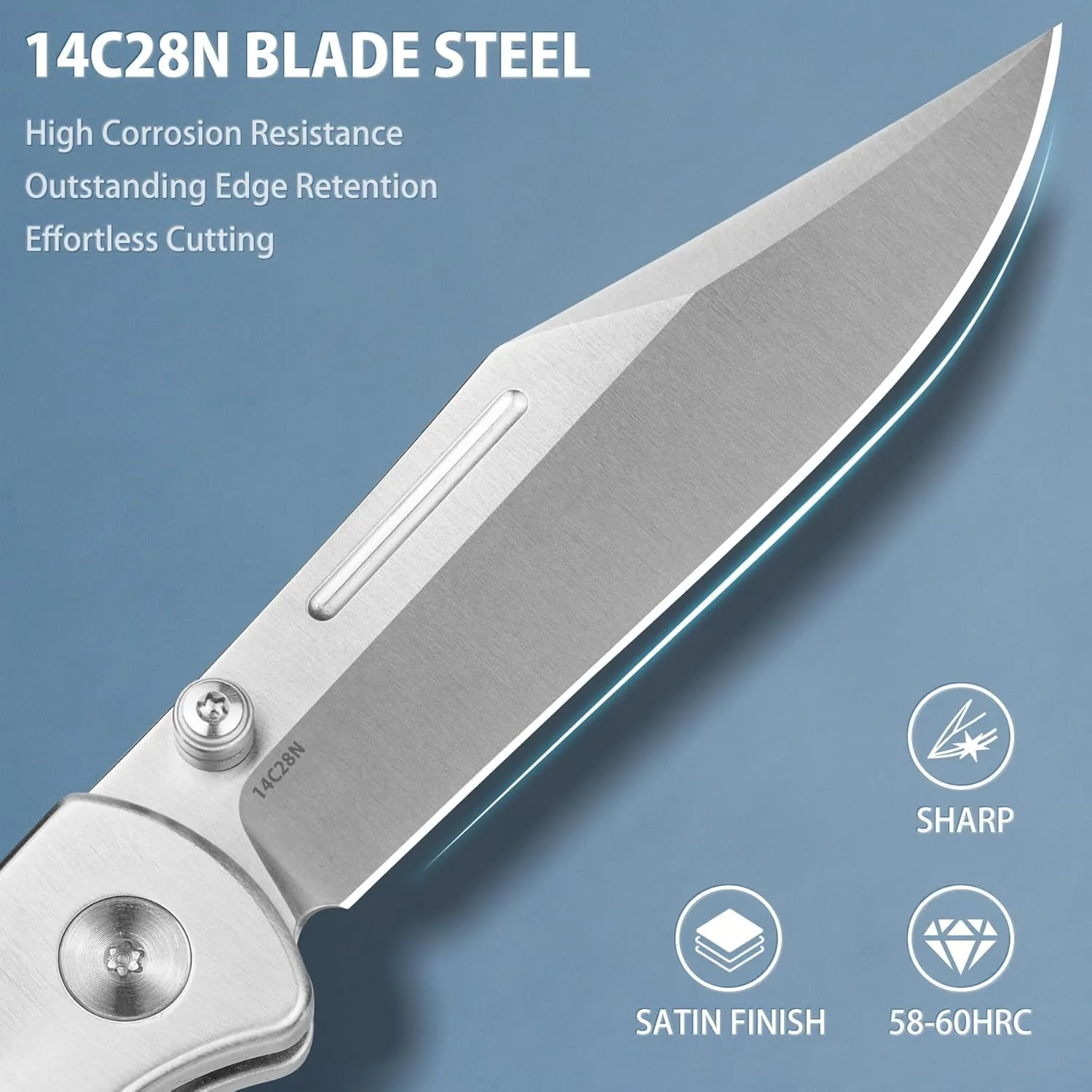 LOTHAR Falcon EDC Pocket Foding Knife, 2.98" 14C28N Blade, Button Lock, Pocket Clip, G10 Handle, Compact & Durable EDC Knife for Camping Hunting, Gift for Men Women(Sliver)