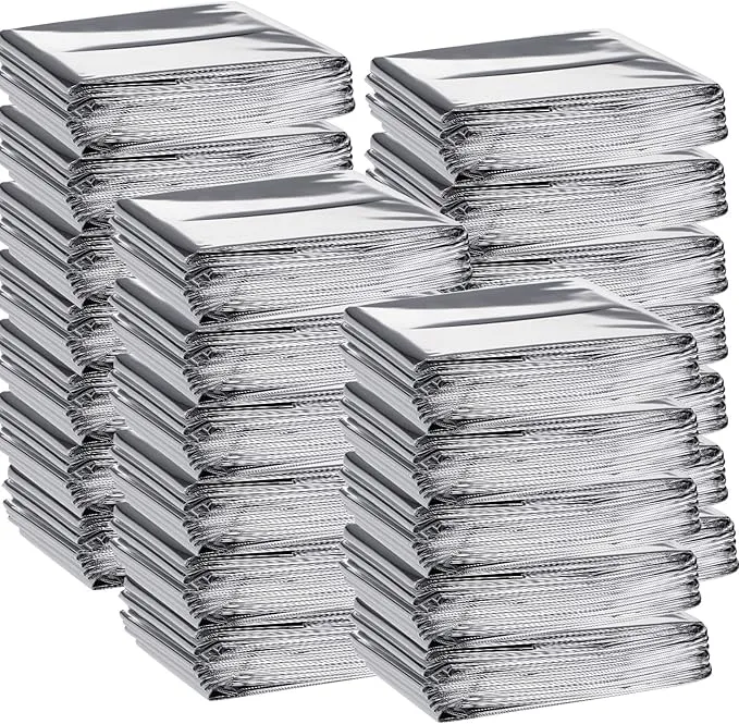 Macarrie 100 Pack Emergency Thermal Blankets Silver Foil Survival Blanket Space Blanket Survival Kit for Outdoors, Camping, Hiking, Homeless, Survival or First Aid (Silver)