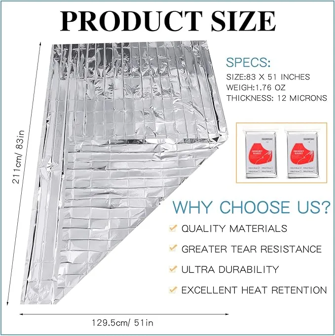 Macarrie 100 Pack Emergency Thermal Blankets Silver Foil Survival Blanket Space Blanket Survival Kit for Outdoors, Camping, Hiking, Homeless, Survival or First Aid (Silver)