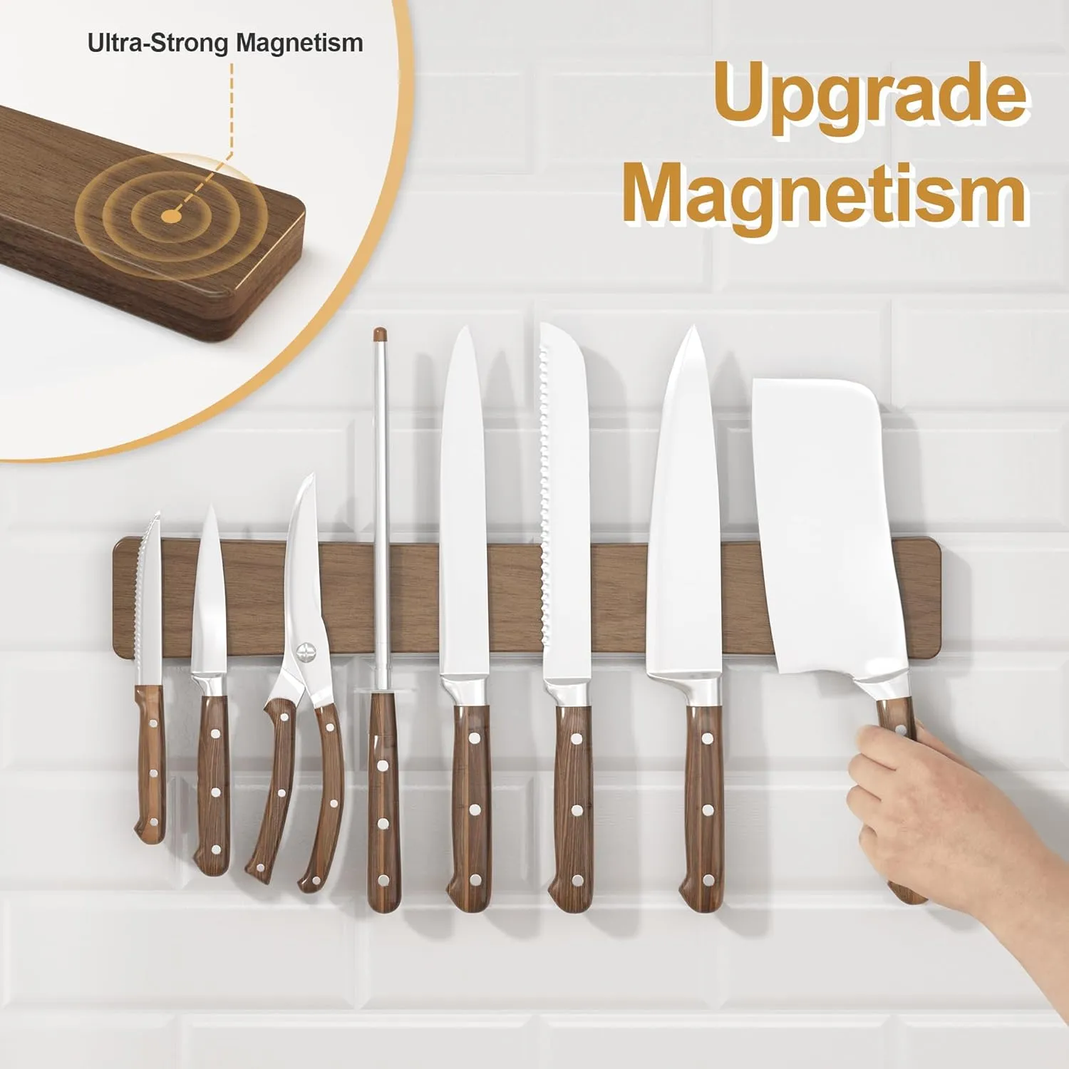 Magnetic Knife Holder for Wall, 16" Acacia Wood No Drill Knife Magnet Strip Use as Tool Key Storage Knife Bar, Powerful Wall Mounted Magnetic Knife Rack for Refrigerator & Kitchen Utensil Organizer