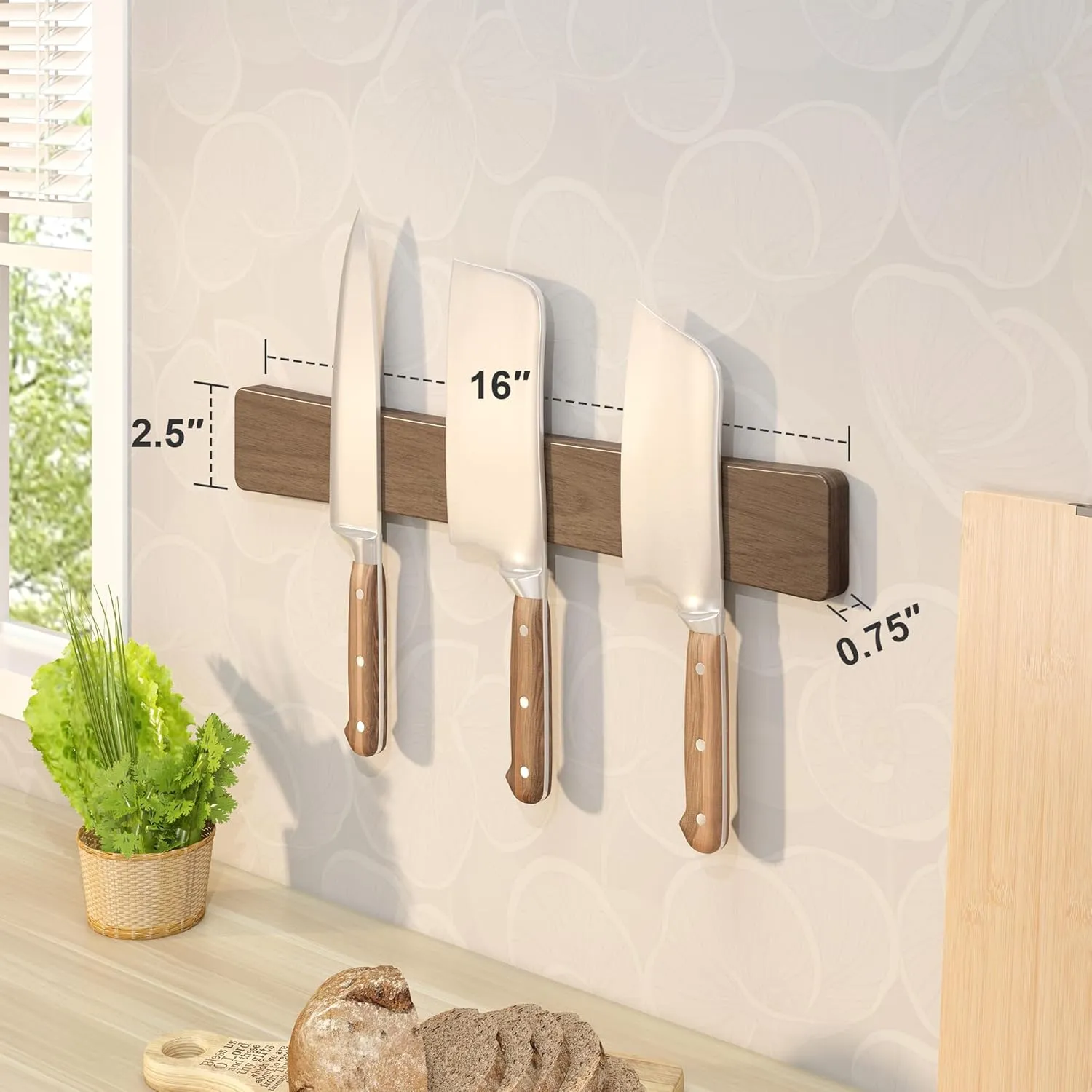 Magnetic Knife Holder for Wall, 16" Acacia Wood No Drill Knife Magnet Strip Use as Tool Key Storage Knife Bar, Powerful Wall Mounted Magnetic Knife Rack for Refrigerator & Kitchen Utensil Organizer