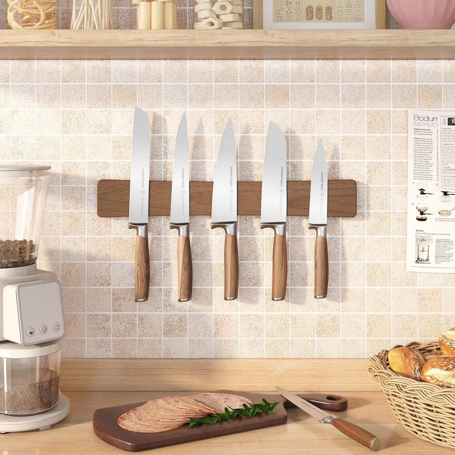 Magnetic Knife Holder for Wall, 16" Acacia Wood No Drill Knife Magnet Strip Use as Tool Key Storage Knife Bar, Powerful Wall Mounted Magnetic Knife Rack for Refrigerator & Kitchen Utensil Organizer