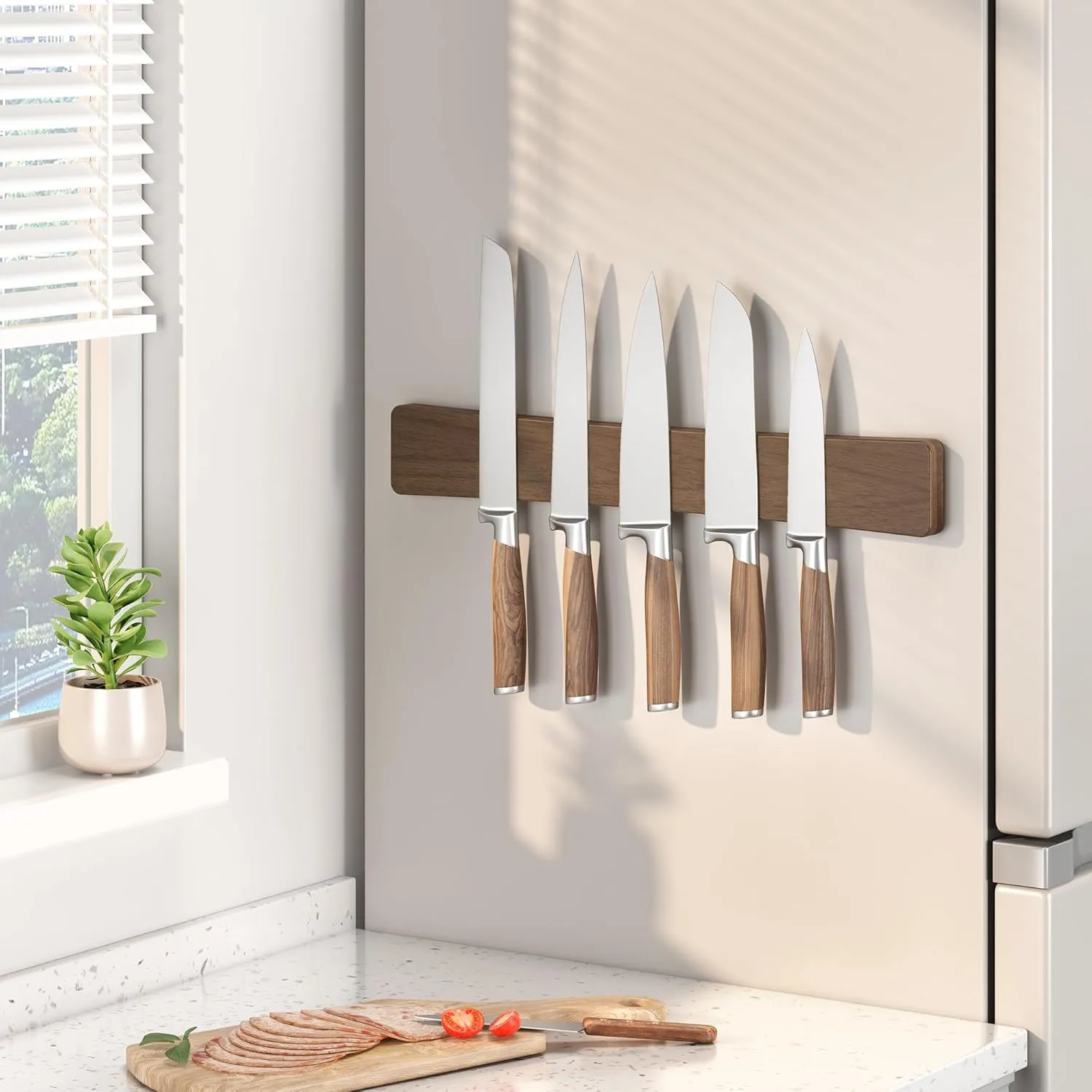 Magnetic Knife Holder for Wall, 16" Acacia Wood No Drill Knife Magnet Strip Use as Tool Key Storage Knife Bar, Powerful Wall Mounted Magnetic Knife Rack for Refrigerator & Kitchen Utensil Organizer