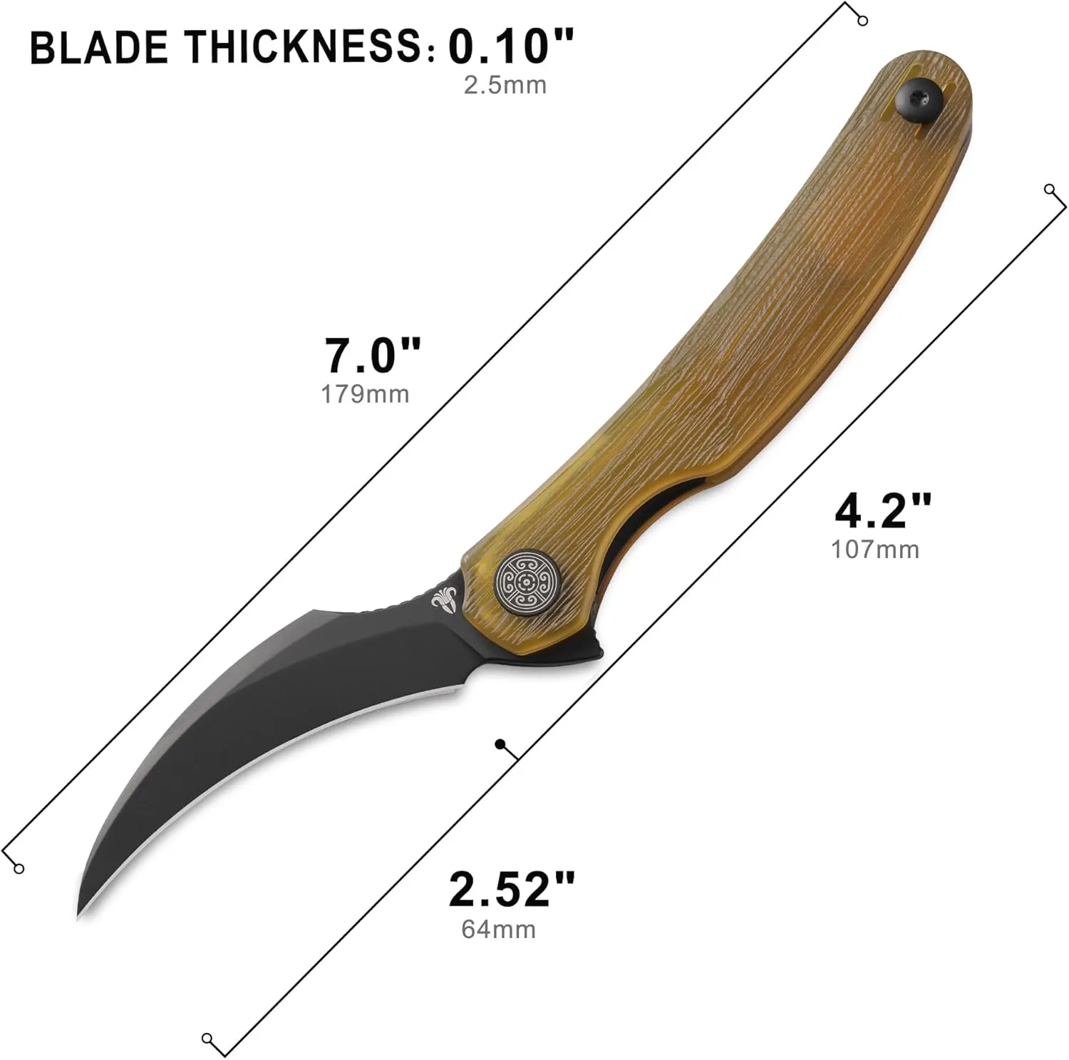 Mantis Flipper Pikal Knife - 2.52" ELMAX Steel Beak Blade PVD Folding, 4.2" Handmade Engraved Yellow Ultem Handle - EDC Collector Pocket Knife