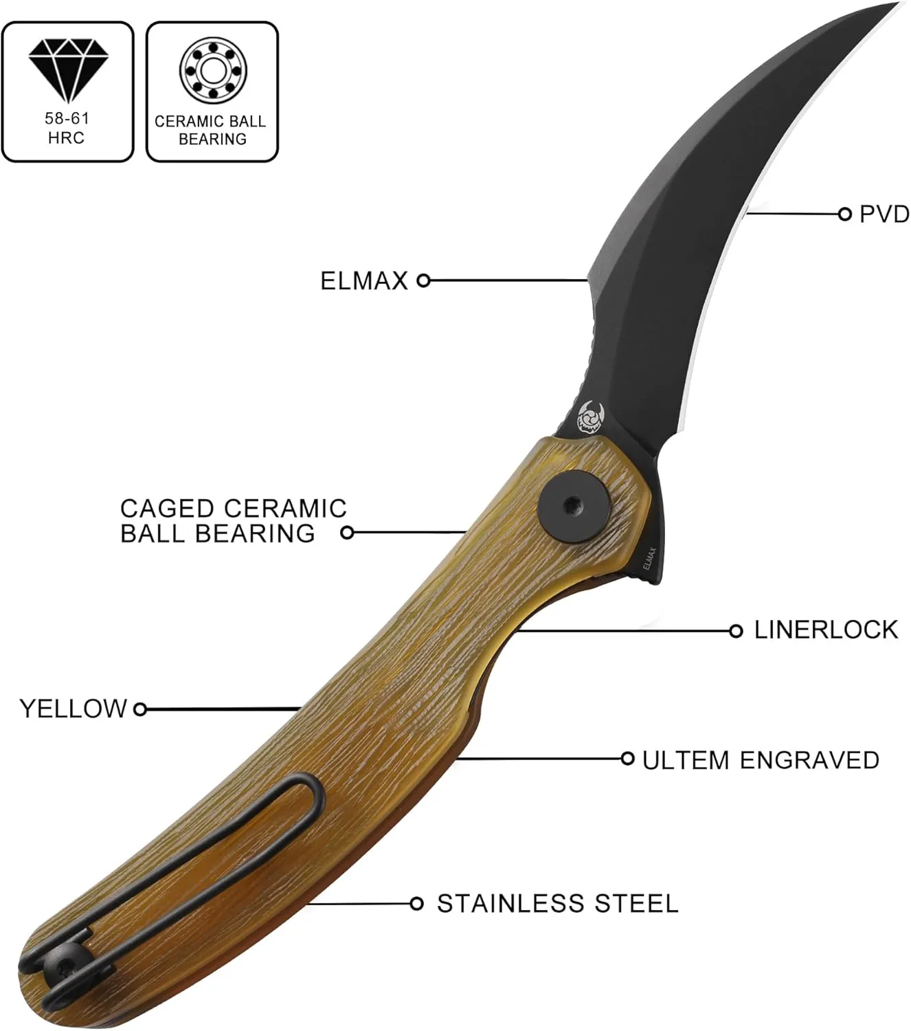 Mantis Flipper Pikal Knife - 2.52" ELMAX Steel Beak Blade PVD Folding, 4.2" Handmade Engraved Yellow Ultem Handle - EDC Collector Pocket Knife