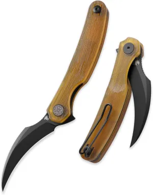 Mantis Flipper Pikal Knife - 2.52" ELMAX Steel Beak Blade PVD Folding, 4.2" Handmade Engraved Yellow Ultem Handle - EDC Collector Pocket Knife