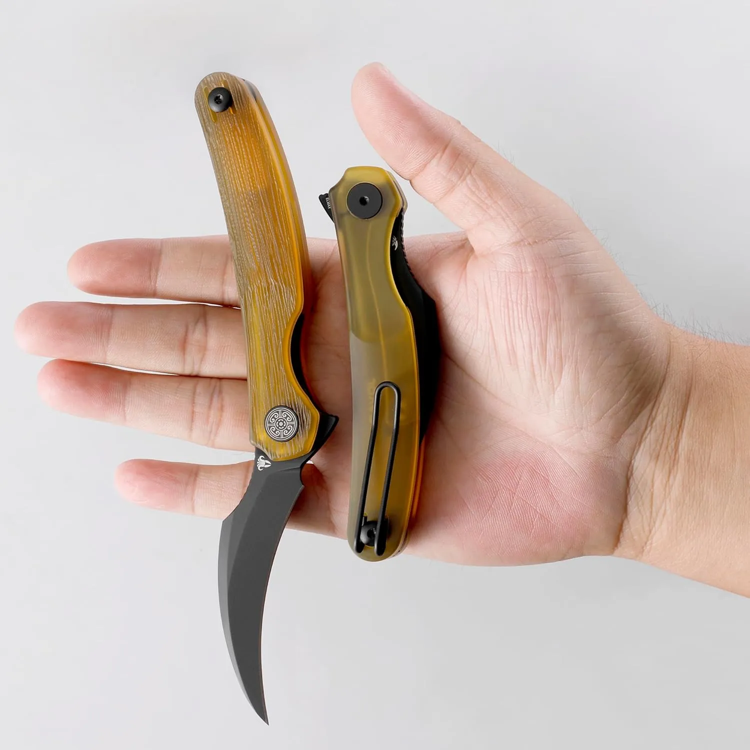 Mantis Flipper Pikal Knife - 2.52" ELMAX Steel Beak Blade PVD Folding, 4.2" Handmade Engraved Yellow Ultem Handle - EDC Collector Pocket Knife