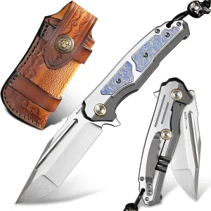 Men's EDC Tactical Pocket Knife，M390 steel blade 3.5” folding knife，With leather sheath, pocket clip，with titanium inlays and 420z2 all-steel grips，mountaineering and camping，Outdoor Adventure Emergency Tool Knife