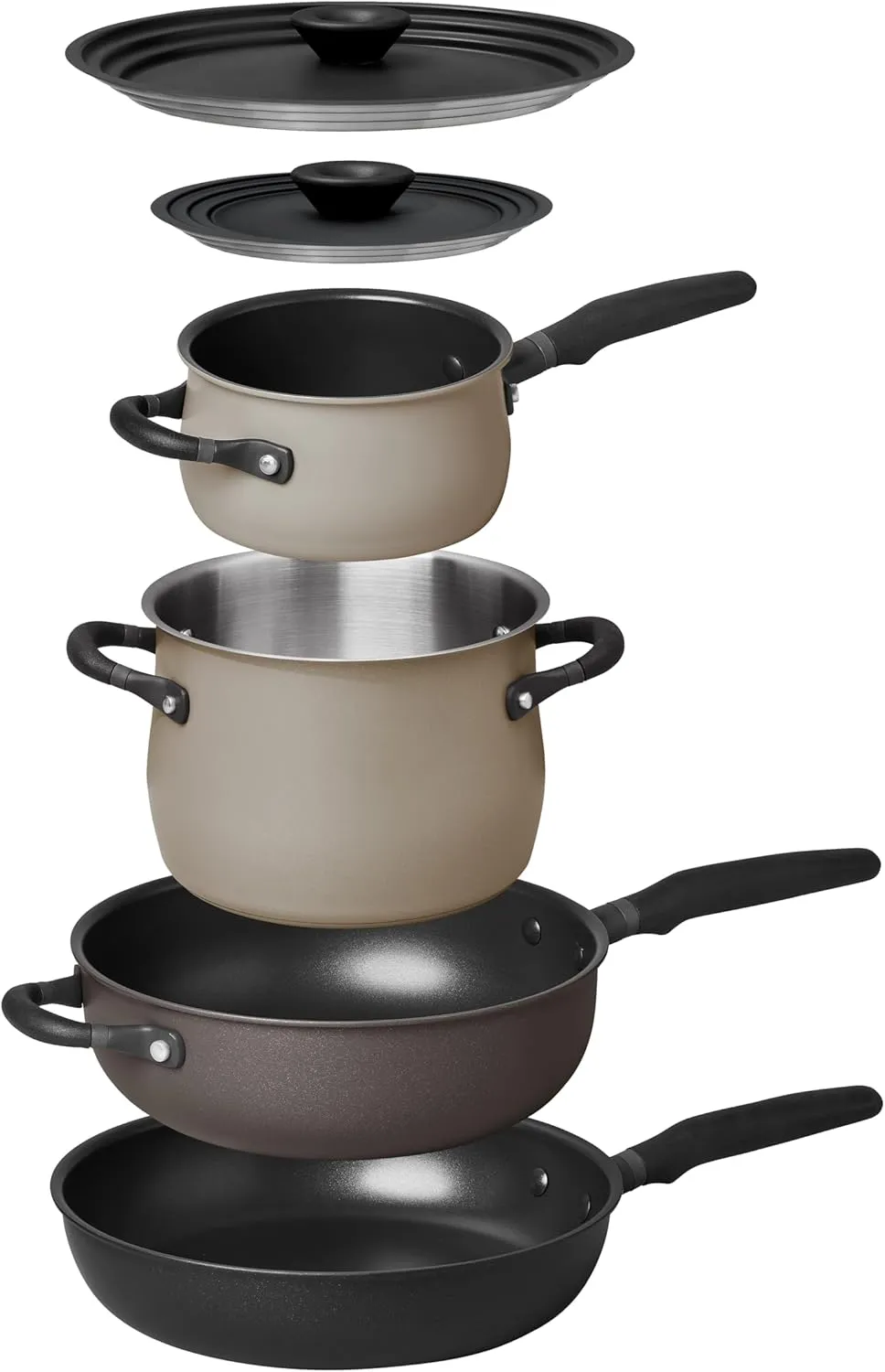 Meyer 6pc Stackable Set with Universal Lids | Hard Anodized Non Stick and Stainless Steel Pots and Pans | Induction Compatible | Dishwasher Safe | Oven Safe | Black & Gray | Accent Series Cookware