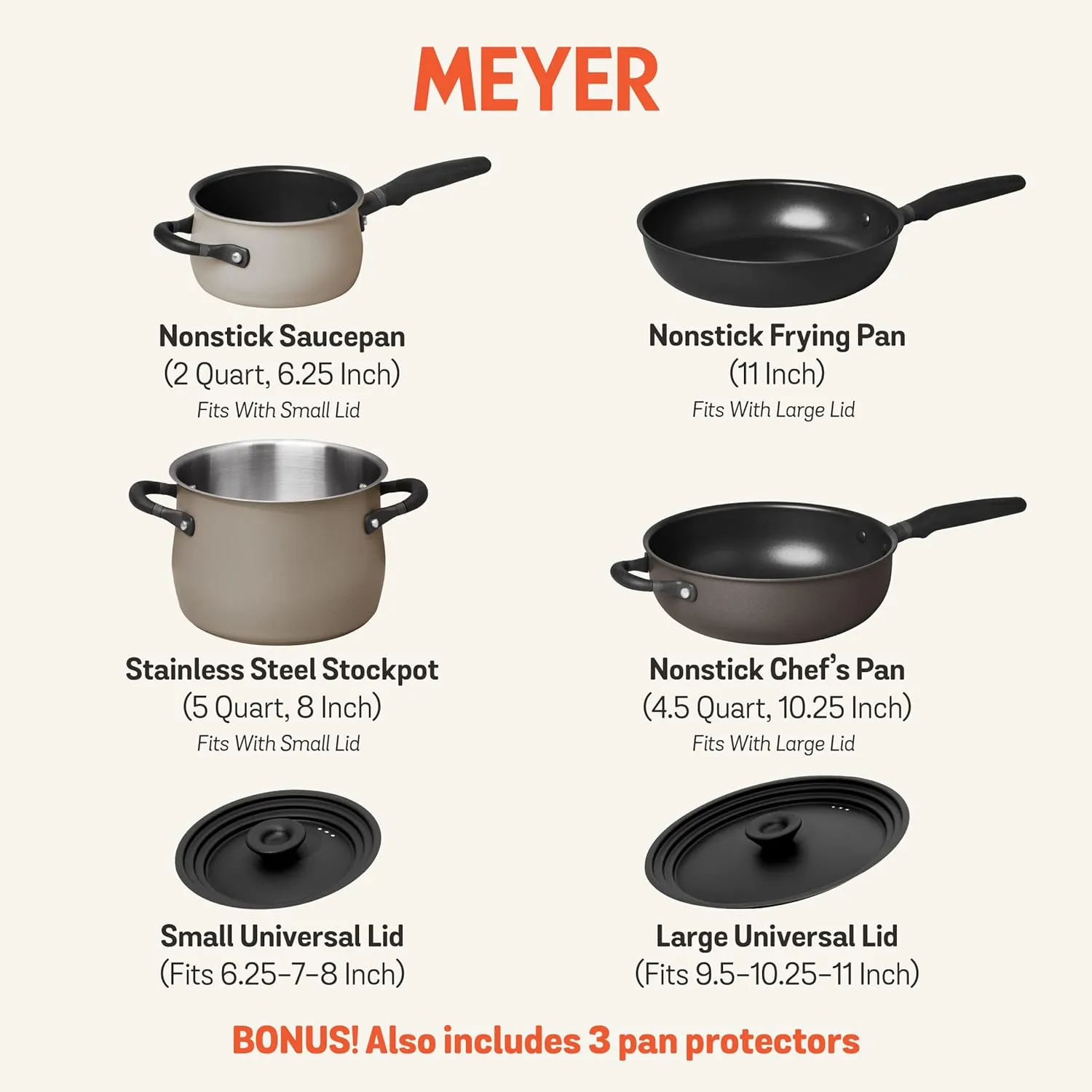 Meyer 6pc Stackable Set with Universal Lids | Hard Anodized Non Stick and Stainless Steel Pots and Pans | Induction Compatible | Dishwasher Safe | Oven Safe | Black & Gray | Accent Series Cookware