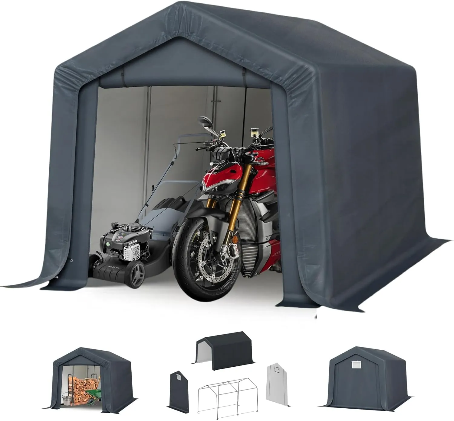 MFSTUDIO Outdoor Storage Sheds 8x12 ft, Portable Carport Shelter Garages Heavy Duty Canopy with Rolled up Zipper Doors,Outside Utility Shed Garage Tent for Motorcycle, Bicycles,Lawn mowers and Tools