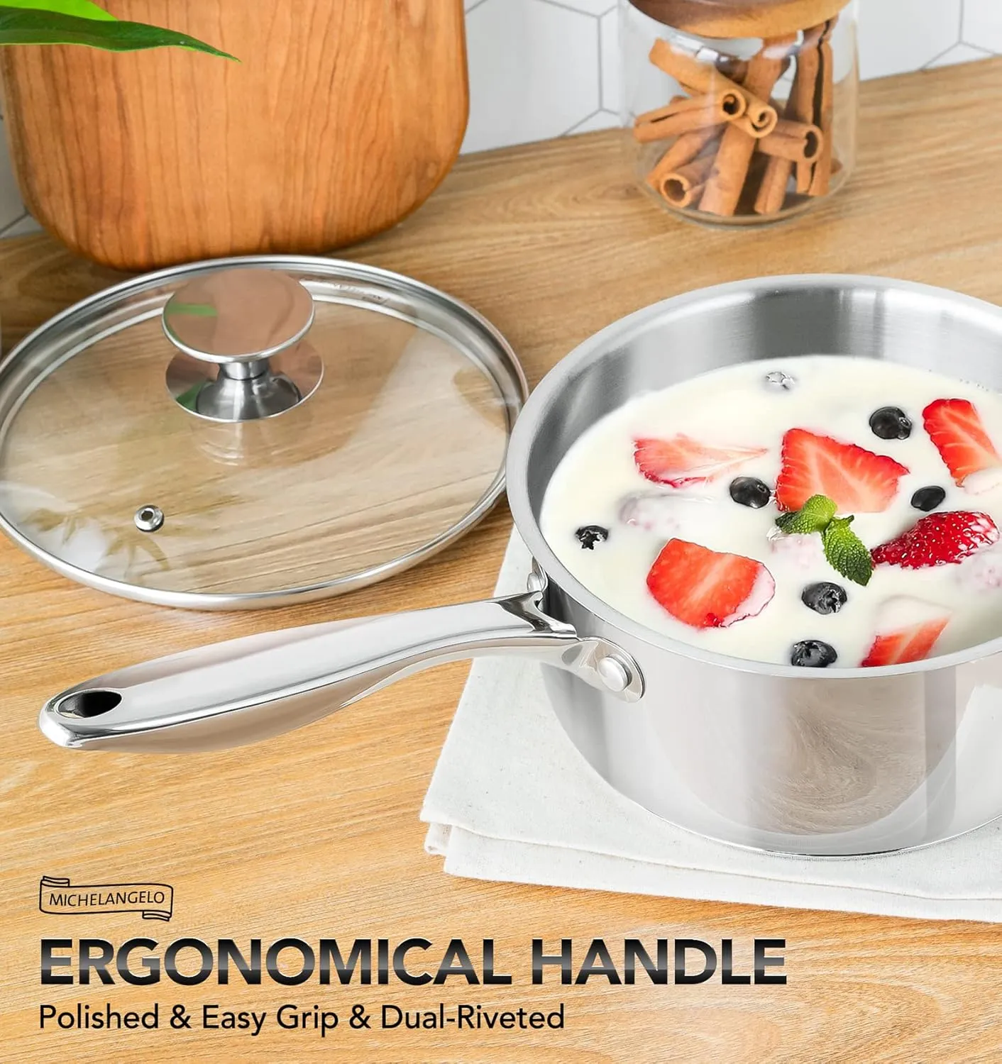 MICHELANGELO 3 Quart Saucepan with Lid, Thick Bottom Sauce Pan Stainless Steel Saucepan with Cover, Nonstick Sauce Pot, Induction Compatible
