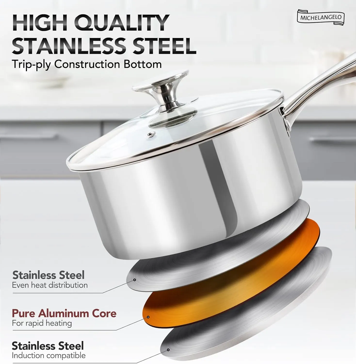 MICHELANGELO 3 Quart Saucepan with Lid, Thick Bottom Sauce Pan Stainless Steel Saucepan with Cover, Nonstick Sauce Pot, Induction Compatible