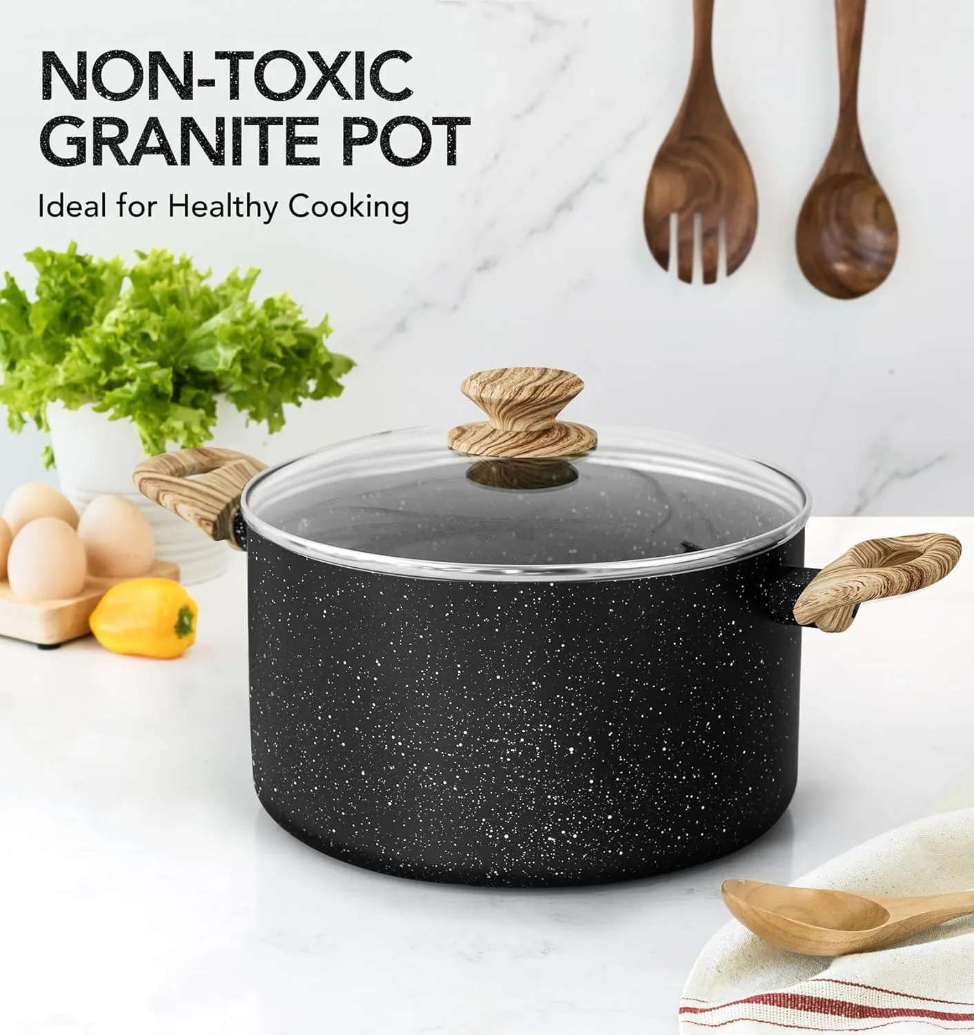 MICHELANGELO 6 Quart Stock Pot With Lid, Nonstick Soup Pot, Induction Compatible Cooking Pot, Stay-cool Handle, for Cooking, Black Granite