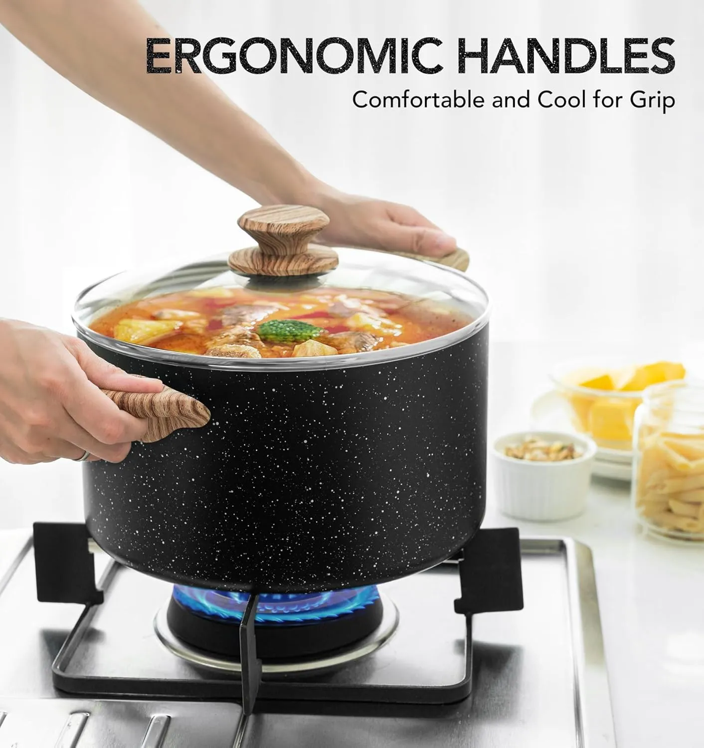 MICHELANGELO 6 Quart Stock Pot With Lid, Nonstick Soup Pot, Induction Compatible Cooking Pot, Stay-cool Handle, for Cooking, Black Granite