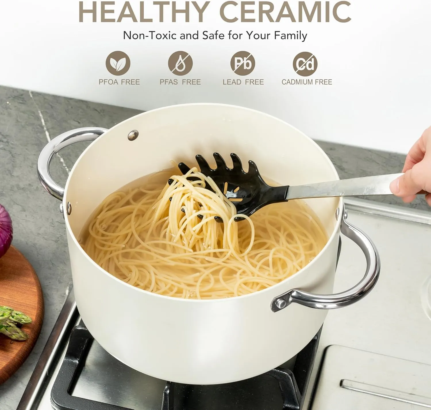MICHELANGELO Stock Pot with Lid, 6 Quart Soup Pot with Lid for Cooking, Non Stick Ceramic Coating, Stainless Steel Handle, Induction Compatible, Cream