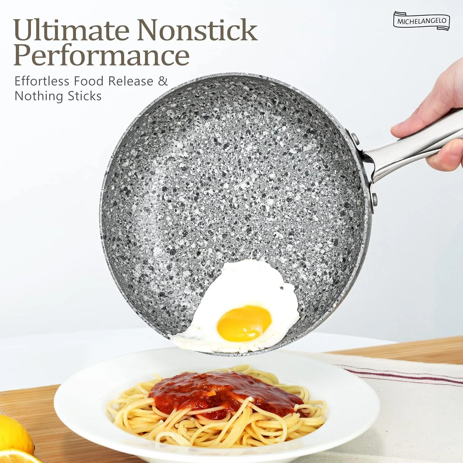 MICHELANGELO Stone Cookware Set 10 Piece, Ultra Nonstick Pots and Pans Set with Stone-Derived Coating for Kitchen, Granite - 10 Piece
