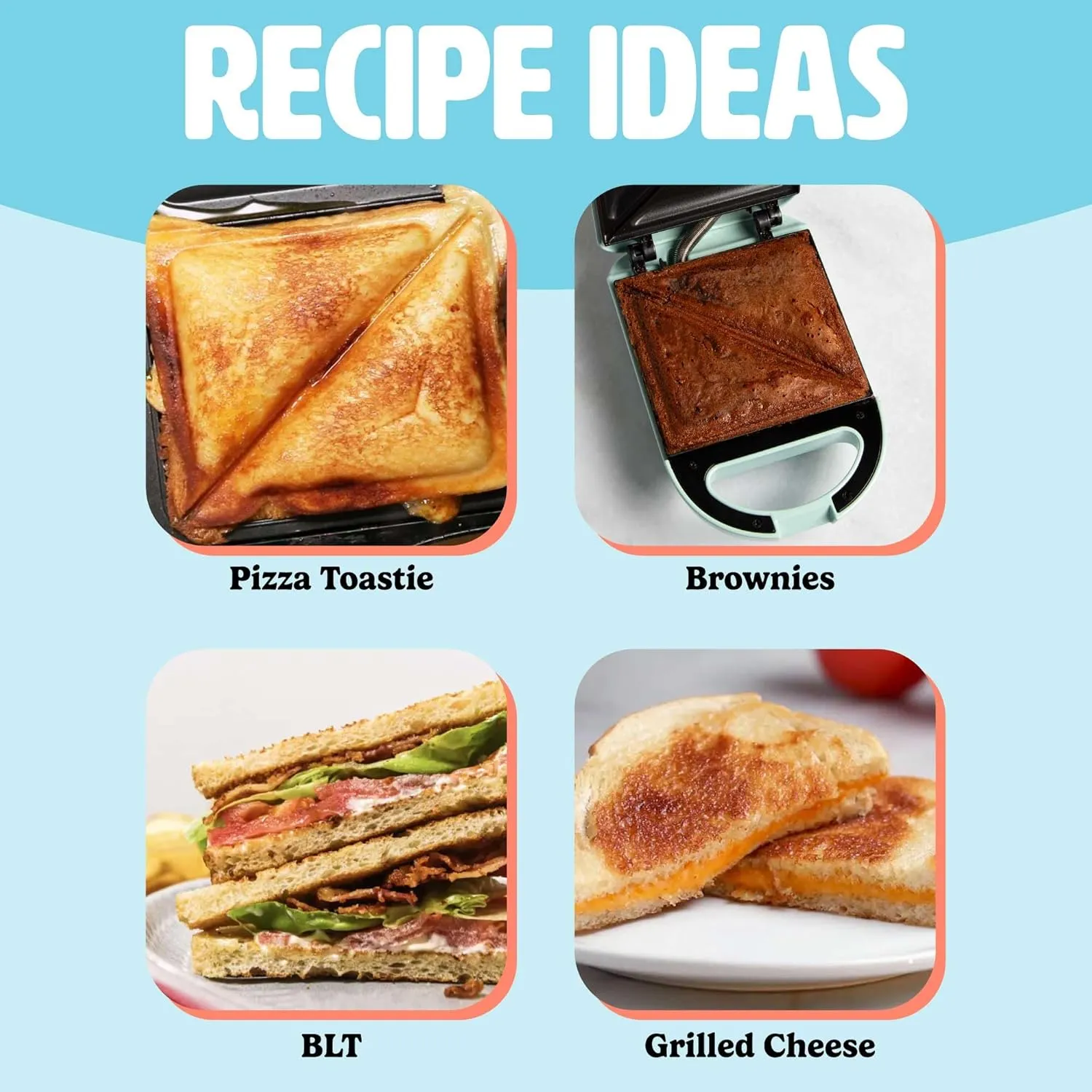Mini Sandwich Maker, Makes Sandwiches, Paninis, Grilled Cheese, Desserts, Quick Results, Easy Cleanup, 600W, Aqua