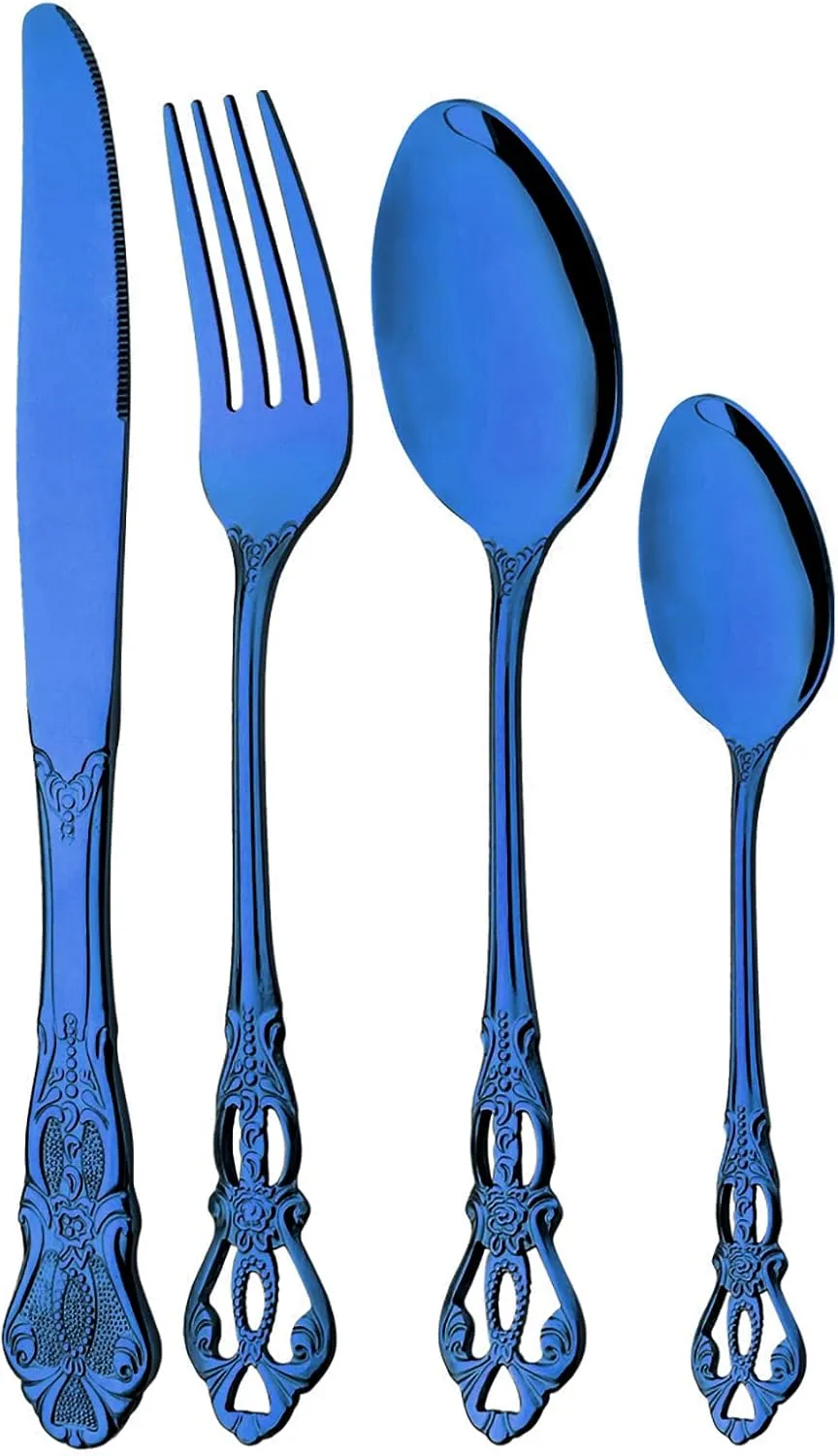Mirror Polished Blue Silverware Set, 24-Piece 18/10 Stainless Steel Shiny Finish Flatware Set Service for 6, Kitchen Utensil Set, Tableware Cutlery Set for Home and Restaurant Dishwasher Safe