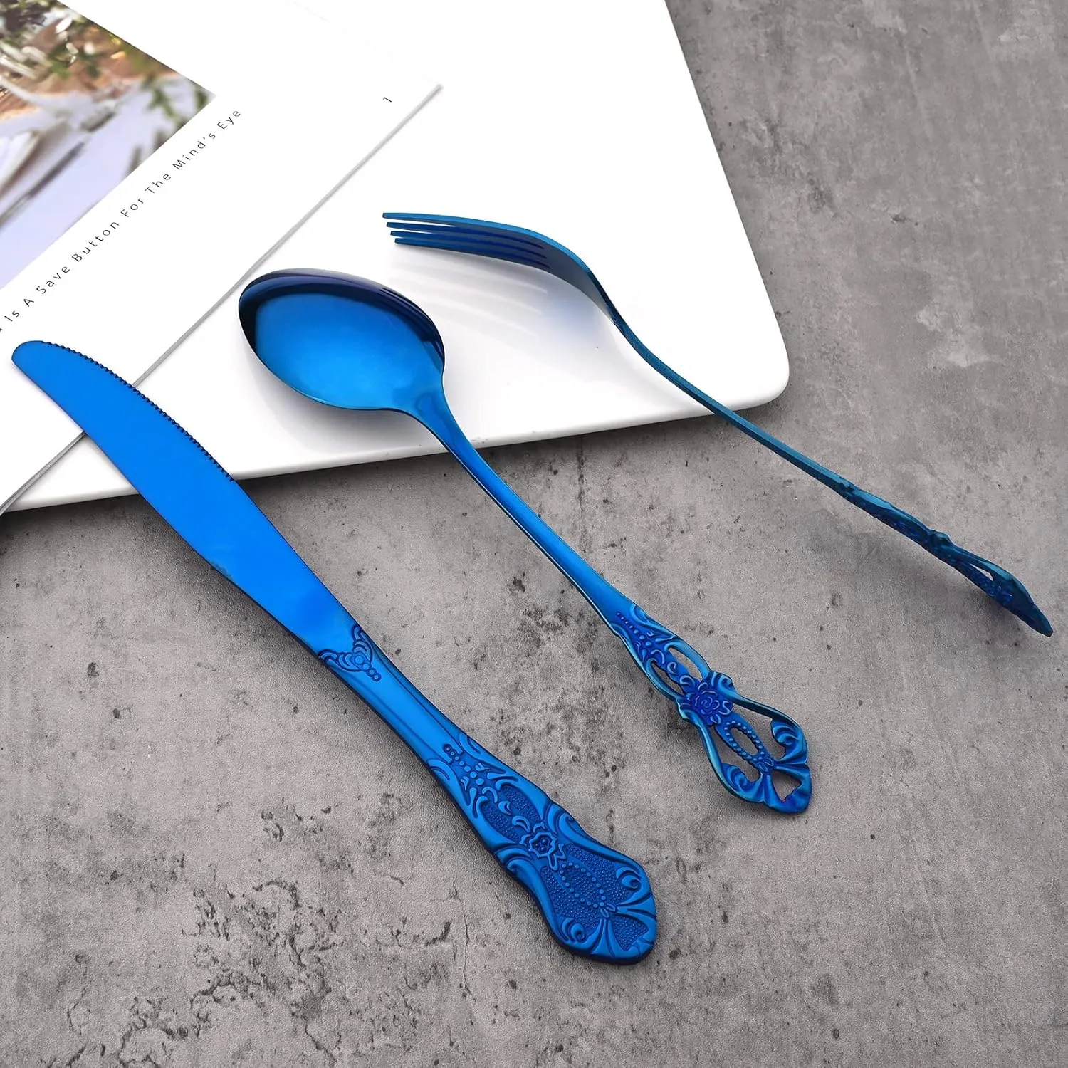 Mirror Polished Blue Silverware Set, 24-Piece 18/10 Stainless Steel Shiny Finish Flatware Set Service for 6, Kitchen Utensil Set, Tableware Cutlery Set for Home and Restaurant Dishwasher Safe