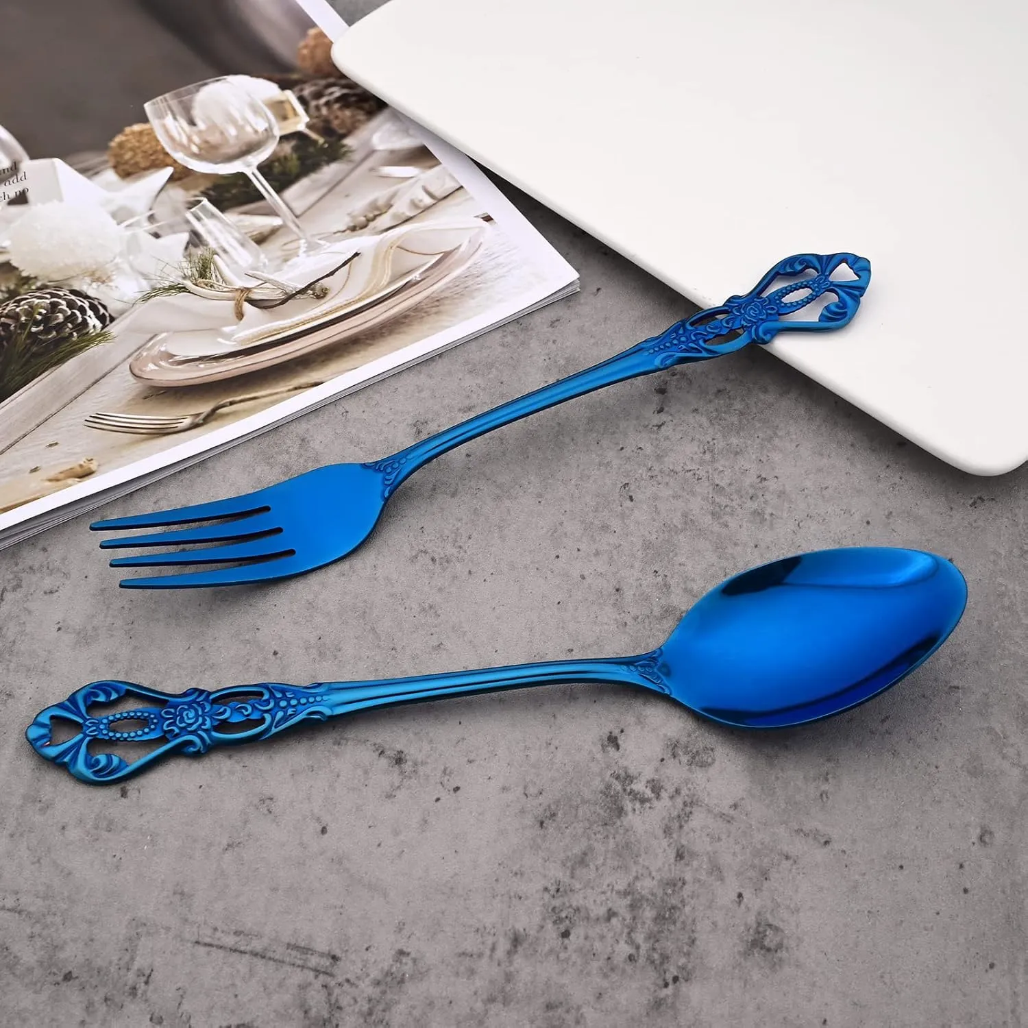 Mirror Polished Blue Silverware Set, 24-Piece 18/10 Stainless Steel Shiny Finish Flatware Set Service for 6, Kitchen Utensil Set, Tableware Cutlery Set for Home and Restaurant Dishwasher Safe