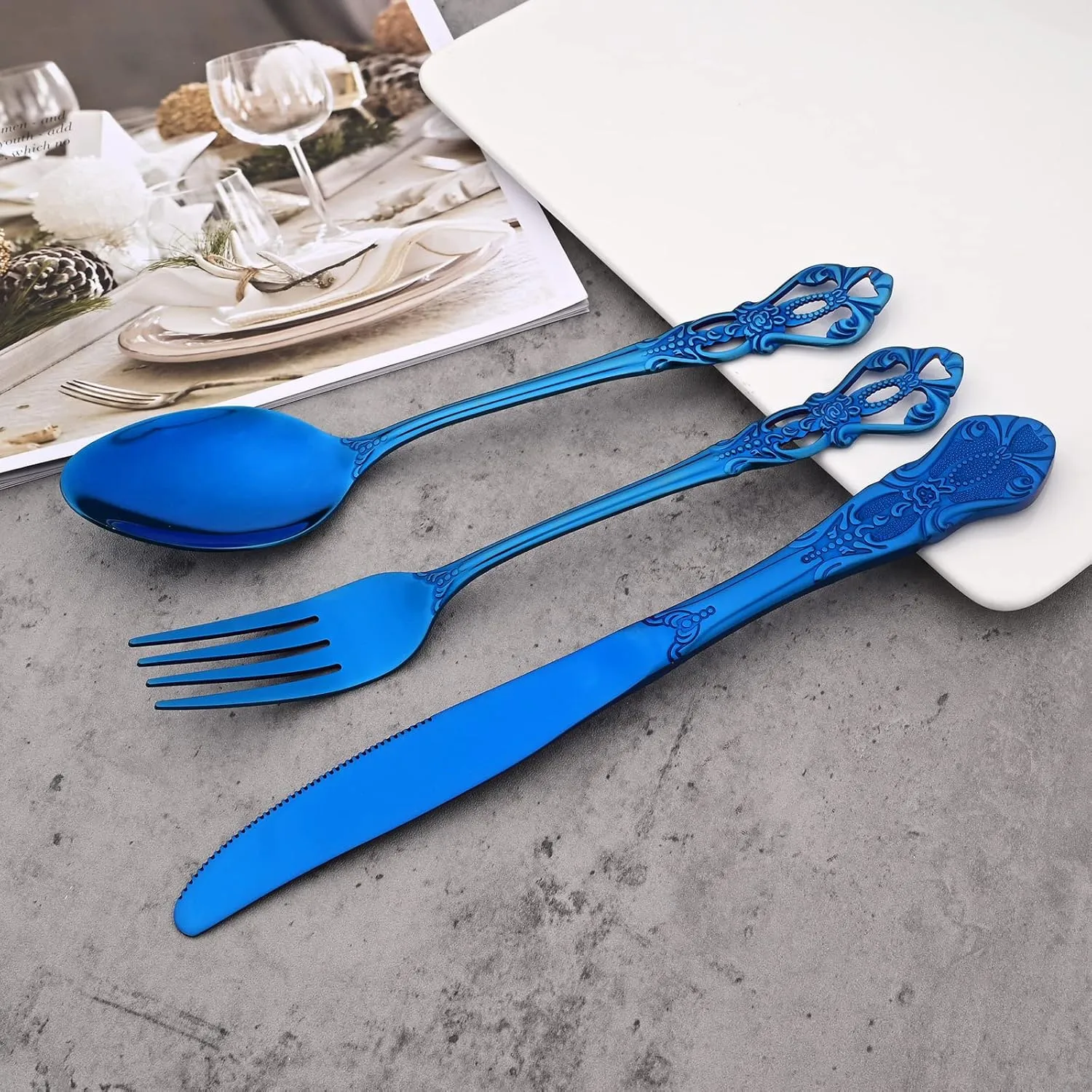 Mirror Polished Blue Silverware Set, 24-Piece 18/10 Stainless Steel Shiny Finish Flatware Set Service for 6, Kitchen Utensil Set, Tableware Cutlery Set for Home and Restaurant Dishwasher Safe