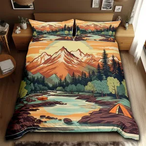 Mountain River Duvet Cover Set Twin Size,Retro Adventure Theme Comforter Cover 2Pcs,Nature Scenery Tent Bedding Set Kids Boys Girls Room Decor,Camping Bedspreads Cover,1 Pillowcase(NO Comforter)
