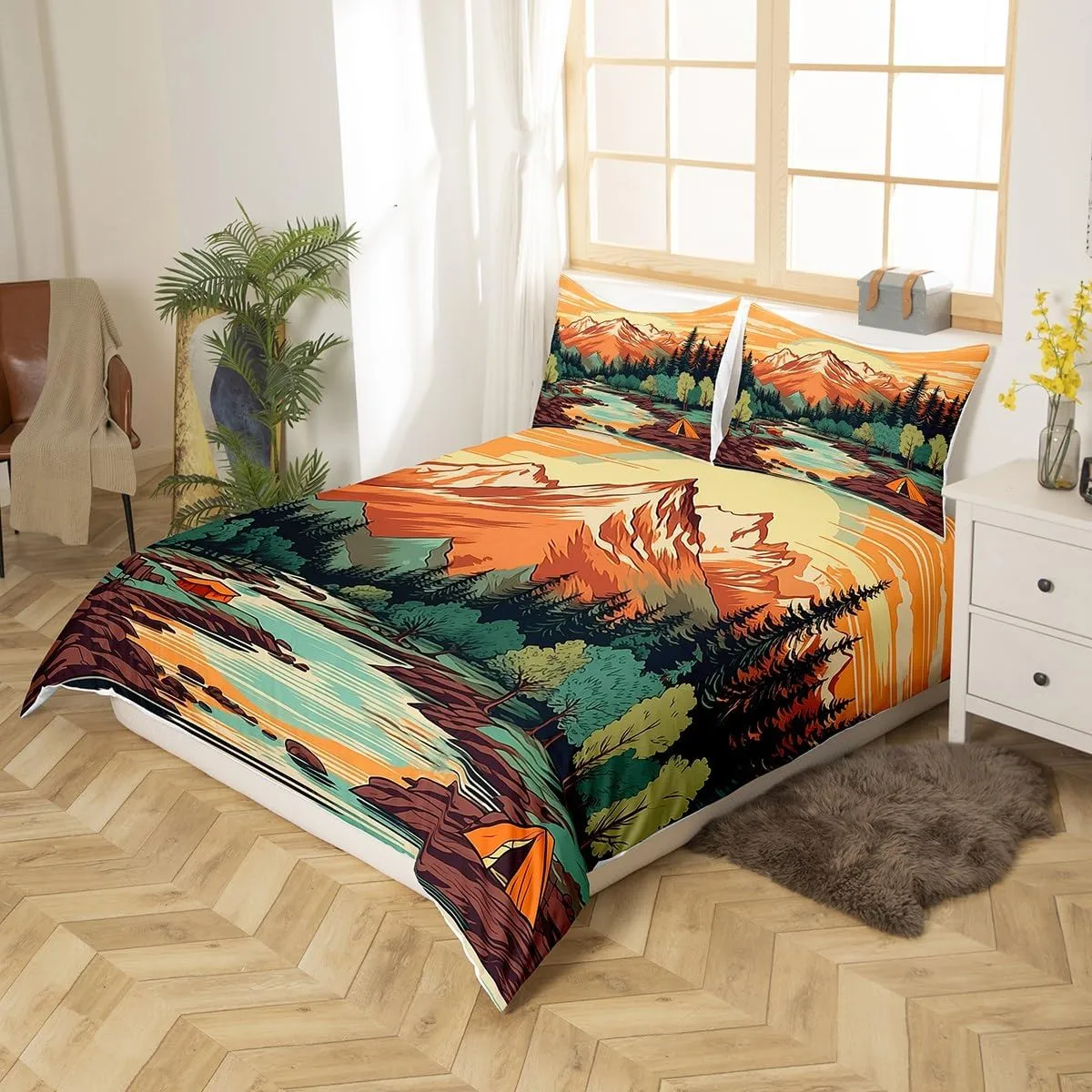 Mountain River Duvet Cover Set Twin Size,Retro Adventure Theme Comforter Cover 2Pcs,Nature Scenery Tent Bedding Set Kids Boys Girls Room Decor,Camping Bedspreads Cover,1 Pillowcase(NO Comforter)