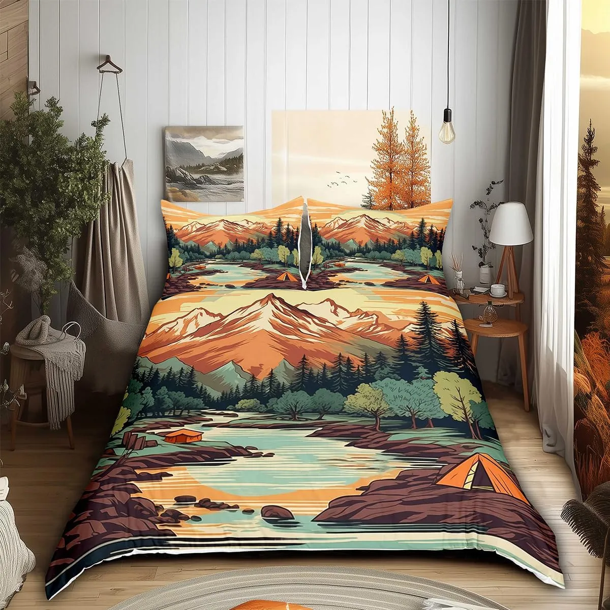Mountain River Duvet Cover Set Twin Size,Retro Adventure Theme Comforter Cover 2Pcs,Nature Scenery Tent Bedding Set Kids Boys Girls Room Decor,Camping Bedspreads Cover,1 Pillowcase(NO Comforter)