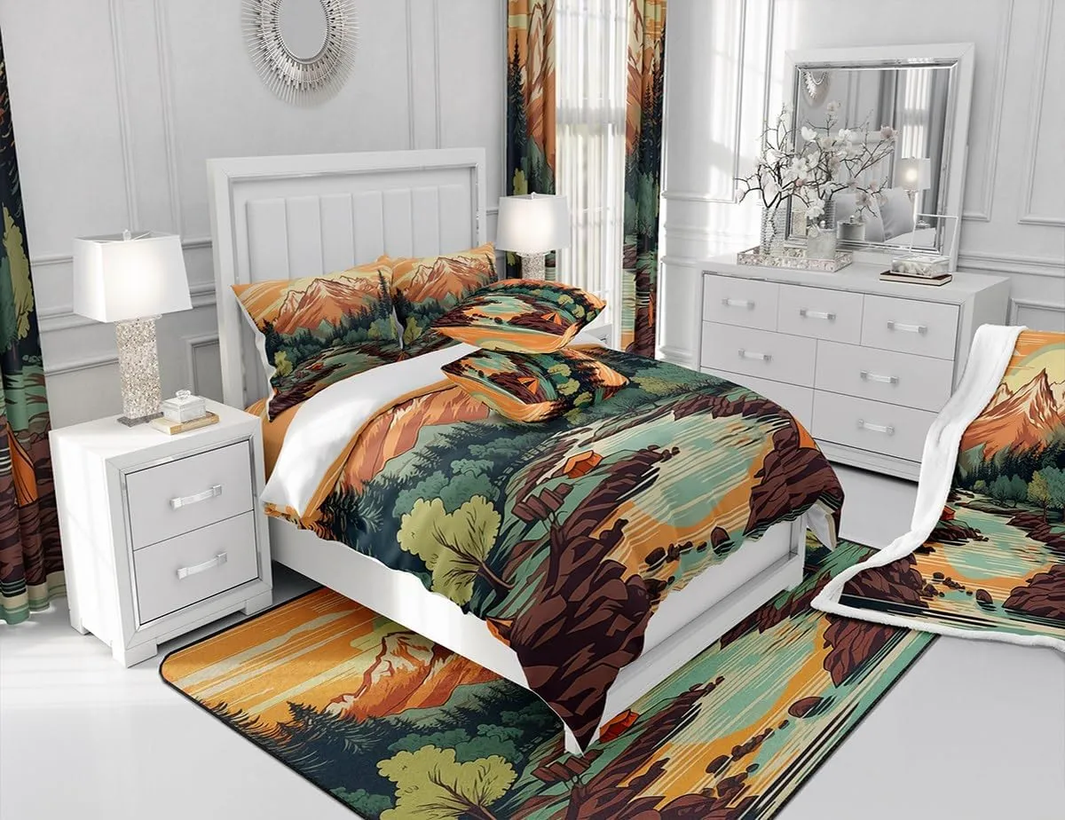 Mountain River Duvet Cover Set Twin Size,Retro Adventure Theme Comforter Cover 2Pcs,Nature Scenery Tent Bedding Set Kids Boys Girls Room Decor,Camping Bedspreads Cover,1 Pillowcase(NO Comforter)