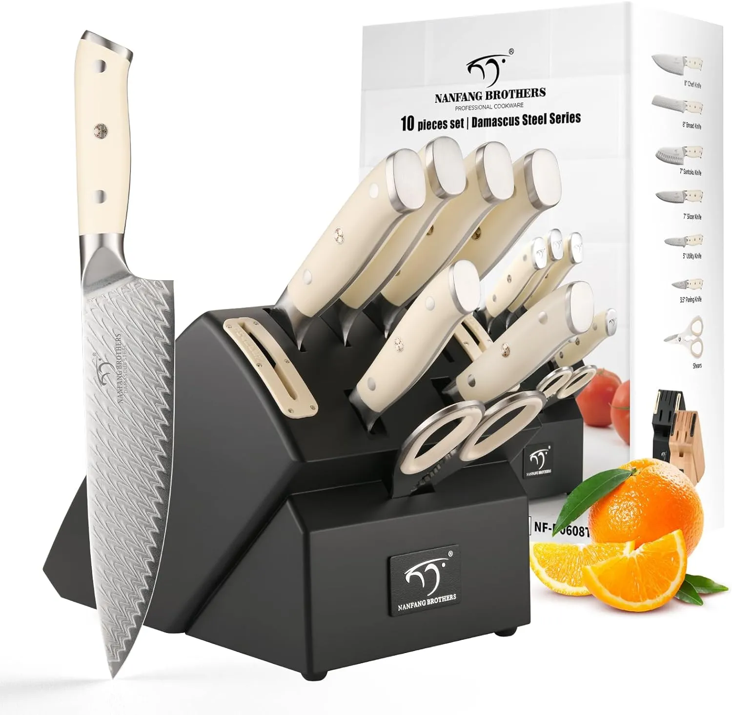 NANFANG BROTHERS Knife Sets 10 Pieces for Kitchen with Block, Damascus Kitchen Knife Set with Block, ABS Ergonomic Handle for Chef Knife Set and Kitchen Shear